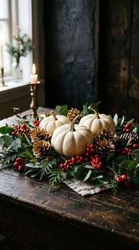 Thanksgiving centerpiece with white pumpkins pinecones and red berries