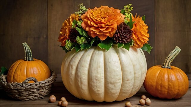 Beautiful autumn flower arrangement inside a large pumpkin vase with small pumpkins on a rustic dark wooden table