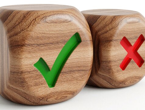 Two wooden cubes with one showing a green checkmark and the other a red cross. Represents choice selection confirmation or rejection. Decision making options. True or false.