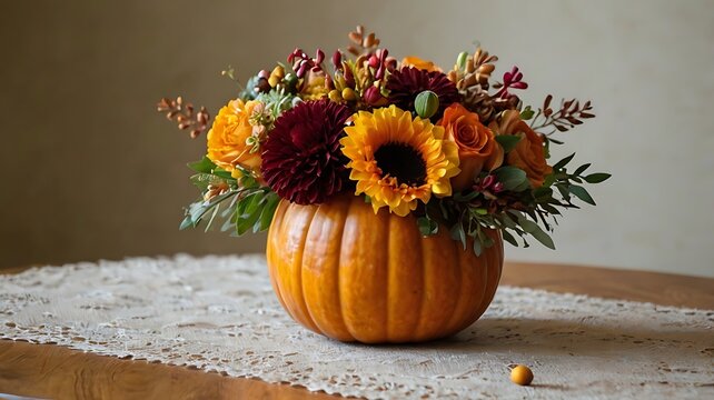 Beautiful autumn flower bouquet in a carved pumpkin vase on a table