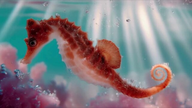 Macro shot of a vibrant orange seahorse swimming underwater surrounded by bubbles and pink coral.