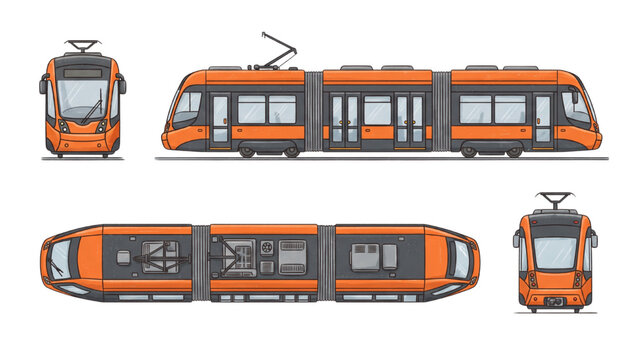 Modern Tram Vector Illustration Set with Front, Side, Top and Back Views Isolated on Transparent Background