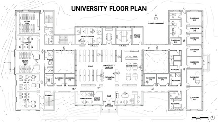 Fototapeta premium University floor plan vector, architectural blueprint of college campus building, school layout with classrooms and library
