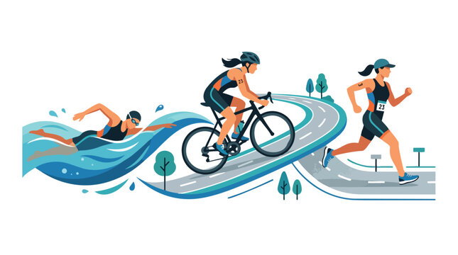 Triathlon athlete performing swimming cycling and running in a flat illustration style.