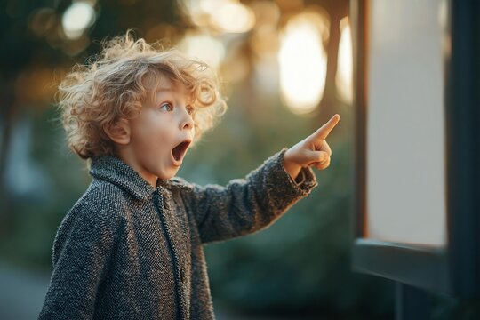 Excited little boy with curly blonde hair pointing excitedly at illuminated storefront display outdoors during golden hour sunlight