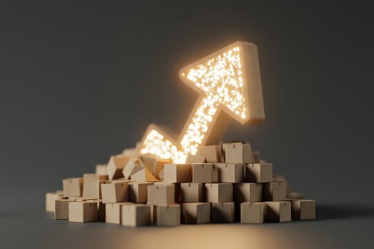 Glowing cardboard boxes pile up with large illuminated arrow pointing upward indicating business growth logistics shipping success and rising revenue trends