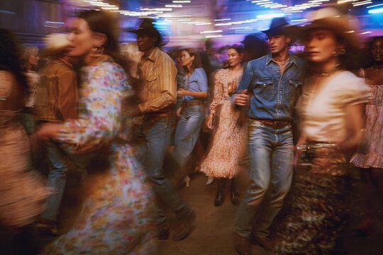 People dancing country line dance inside illuminated barn with motion blur photography