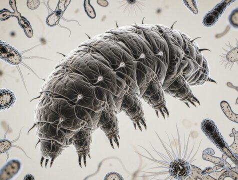 Microscopic view of tardigrade water bear swimming among bacteria, microorganisms. Tiny multicellular organism moves in petri dish with various microbes, amoeba, flagellates. Scientific research on
