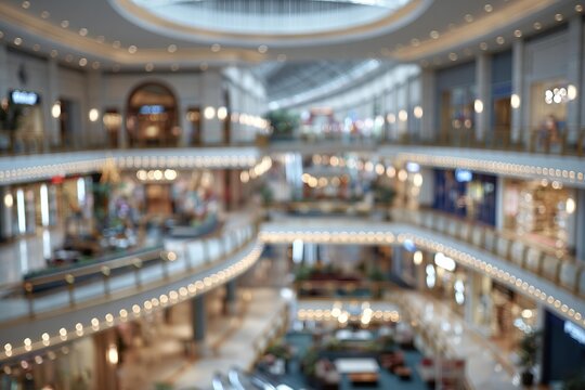 Blurred interior of modern multi level shopping mall with illuminated storefronts and central atrium