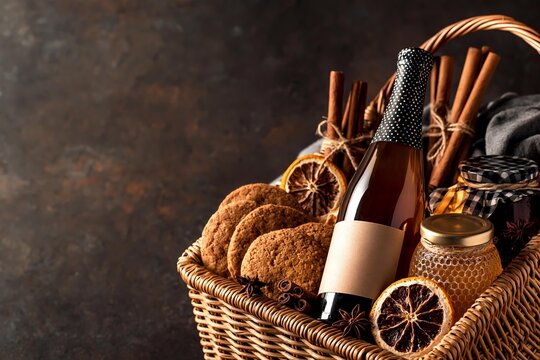 Rustic wicker gift basket filled with artisanal oatmeal cookies, champagne bottle, dried citrus slices, cinnamon sticks, honey jar, and star anise on dark textured background