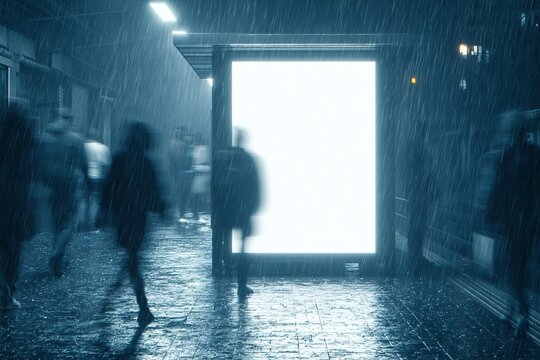 Pedestrians walking bus stop rainy night urban street city commuters blurry motion evening weather downpour illuminated billboard