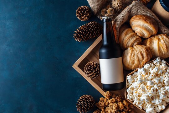 Rustic wooden tray holding cold beverage bottle sweet baked croissants and salted popcorn with pine cones