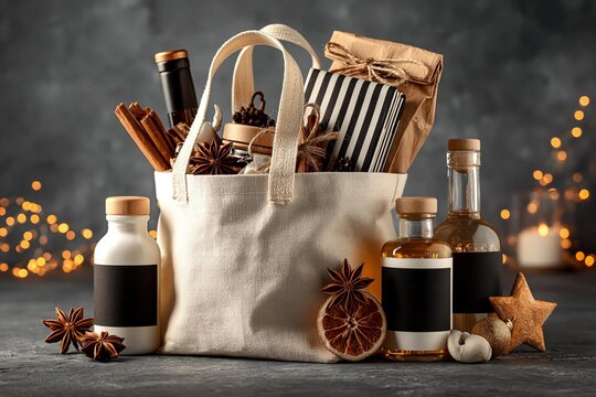 Canvas tote bag filled with Christmas gifts bottles spices star anise and dried orange slices on dark background
