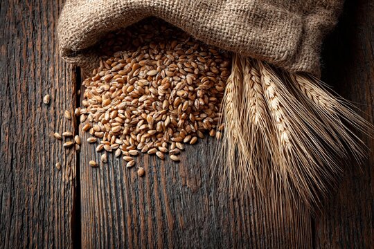 Burlap sack spilling grain kernels onto rustic dark wooden table surface next to dried wheat stalks