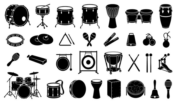 Drums and Percussion Musical Instruments Black Silhouette Vector Set