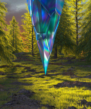 Massive Floating Iridescent Crystal Hovering Above Grass Field In Forest