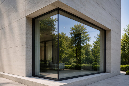 Moderne Eckverglasung mit Natursteinfassade und Gartenblick