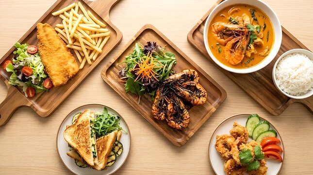 Top view of various delicious dishes arranged on wooden table