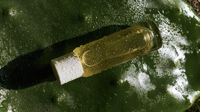 Healthy Eating concept with a yellow skincare serum bottle resting on a wet green leaf, showcasing natural beauty and organic body care in a pure botanical environment.