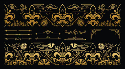 Golden fleur de lis borders with oriental clouds. © muhayminul