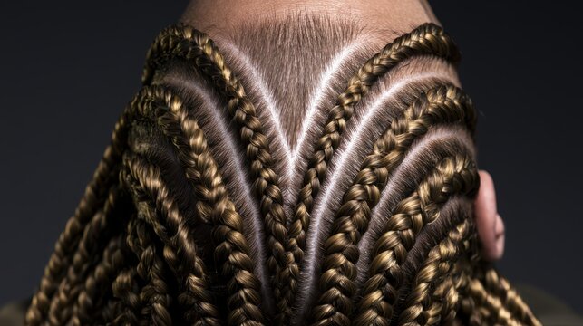 Close up of intricate braided hairstyle with geometric parting on dark background.