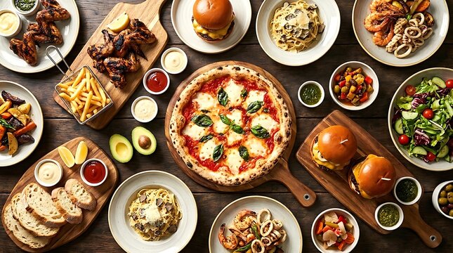 Top view of a diverse selection of delicious fast food and dishes
