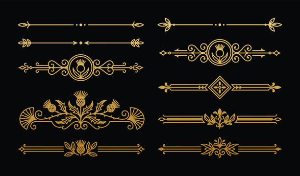 Gold thistle floral divider borders for page decor.