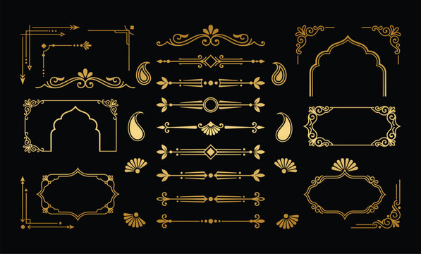 Golden islamic motifs and paisley frame elements.