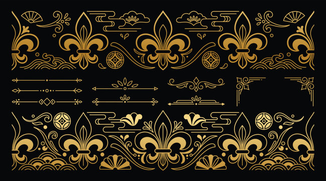 Golden fleur de lis borders with oriental clouds.
