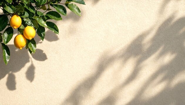 Ripe lemons hanging on a branch with dappled sunlight and shadow patterns on a textured wall during golden hour