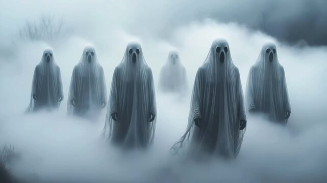 Group of white sheet ghosts emerging from dense fog and mist moving forward. Spooky halloween horror concept with supernatural apparition in eerie landscape