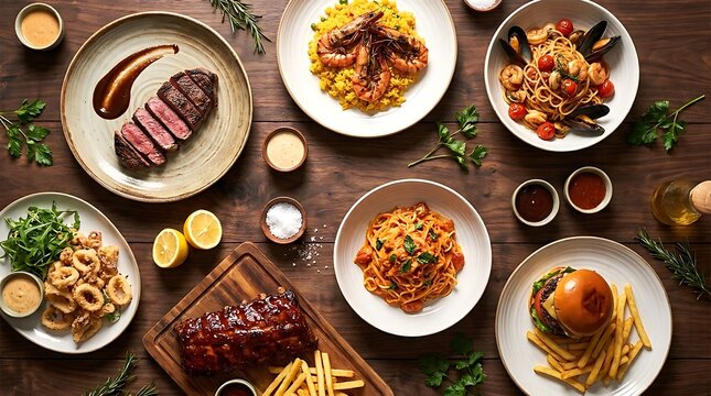 Top view of various delicious dishes laid out on a wooden table