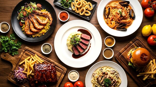 Top view of a lavish dinner table spread with various dishes