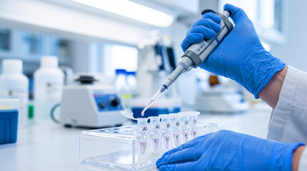 Fototapeta premium Female scientist in lab coat pipetting clear liquid into test tubes for medical research analysis