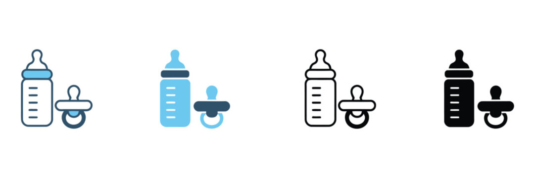 Baby feeding bottle icon set, pacifier soother, newborn care, pediatric healthcare, blue outline, blue solid, black outline, black solid, vector
