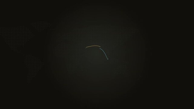 Crossing amber cyan arcs over world map seamless loop