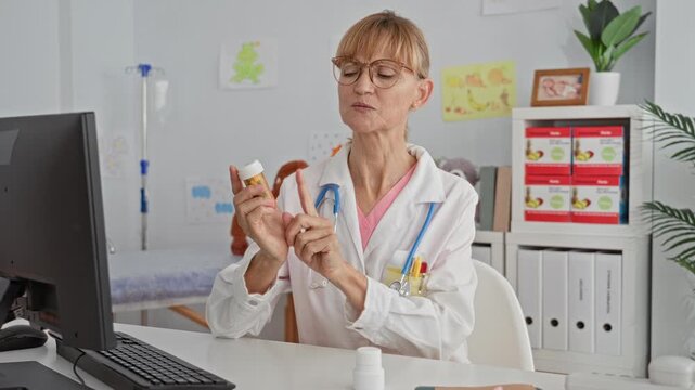 Woman doctor with stethoscope points finger to pill bottle on desk beside computer in pediatric exam room building; reassurance guidance.