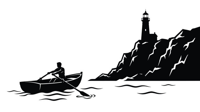 Minimalist black and white vector illustration showing a lone person rowing a small wooden boat toward a rocky coastal lighthouse