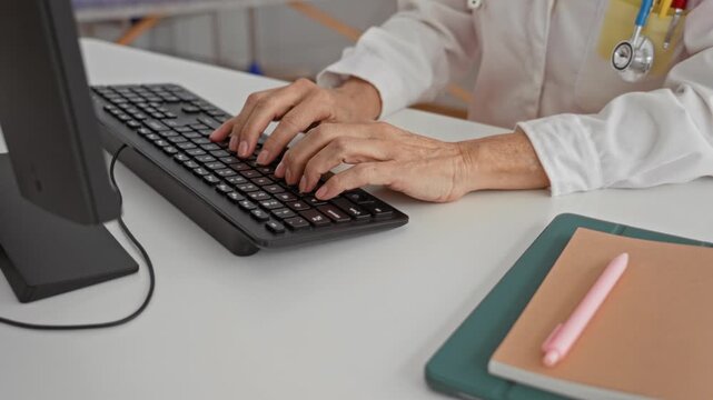 Woman doctor types on computer with stethoscope and hands on keyboard in clinic building; compassion care.