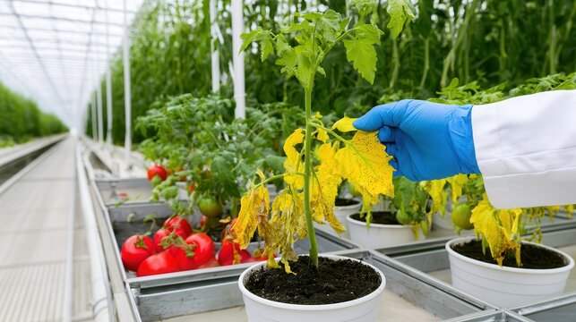 Scientist inspecting tomato plants in a modern commercial greenhouse facility