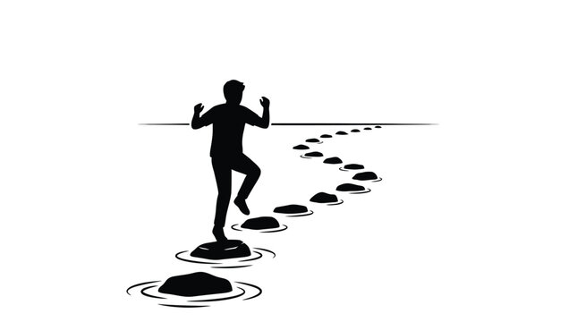 Minimalist black vector illustration showing a determined person walking across uneven river stones towards a bright white distant horizon line