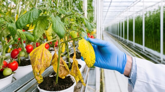 Workers harvesting ripe tomatoes in modern commercial greenhouse with hydroponic rows and natural light