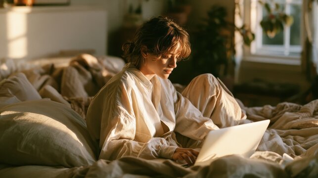 Home comfort scene with a woman working on a laptop in bed