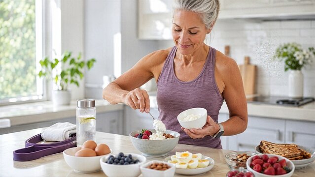 Protein focused breakfast becomes part of active aging routine as woman over 50 prepares balanced meal beside resistance band, water and wearable tracker. practical wellness habits