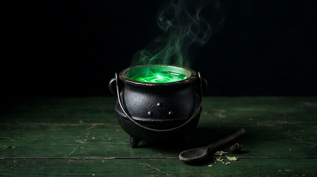 A glowing green magic potion bubbling inside a black iron cauldron for a spooky halloween celebration theme