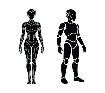 Isolated black silhouette set of male and female futuristic humanoid android robots