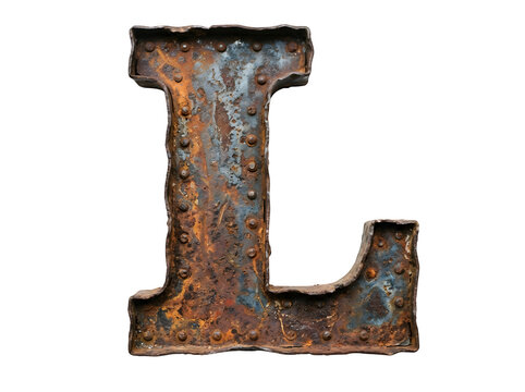Rustic metal letter l with textured, weathered surface funny animal emoji isolated on transparent background