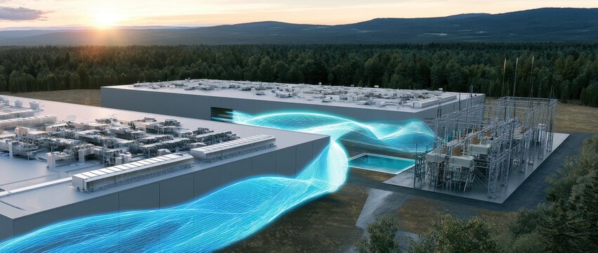 Aerial view of modern geothermal power plant with blue cooling pools at sunrise in mountainous landscape