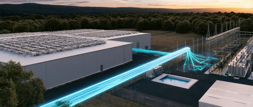 Aerial view of modern data center with illuminated blue server corridors at dusk in rural landscape