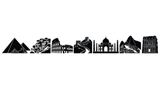 Famous world landmark silhouettes presented as a black vector graphic collection illustrating iconic monuments from many different historical global civilizations